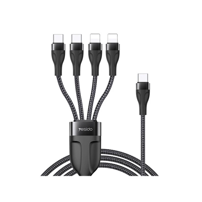 Yesido 4in1 Braided Cable USB-A to 2 USB-C + 2 Lightining 1.2m(CA111) Black