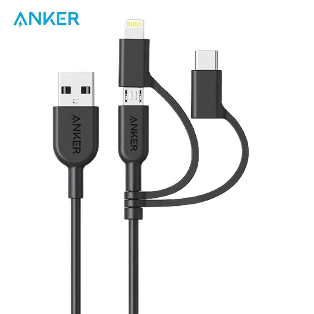Anker Powerline II 3-in-1 Cable with Micro USB, Type-C & Lightning Connectors - 3FT (A8436H12) Black
