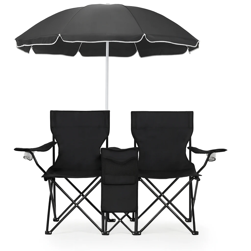 Portable 2-Seat Folding Camping Chairs with Umbrella - Black