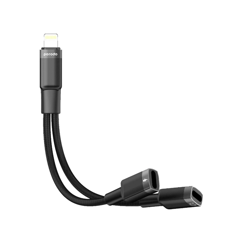 Porodo 2in1 Lightning to 2 Lightning Jack - Headphone and Charging Converter Adapter - Black