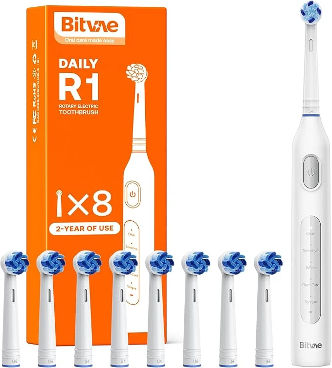 Bitvae R2 Rotating Electric Toothbrush with 8 Brush Heads - White
