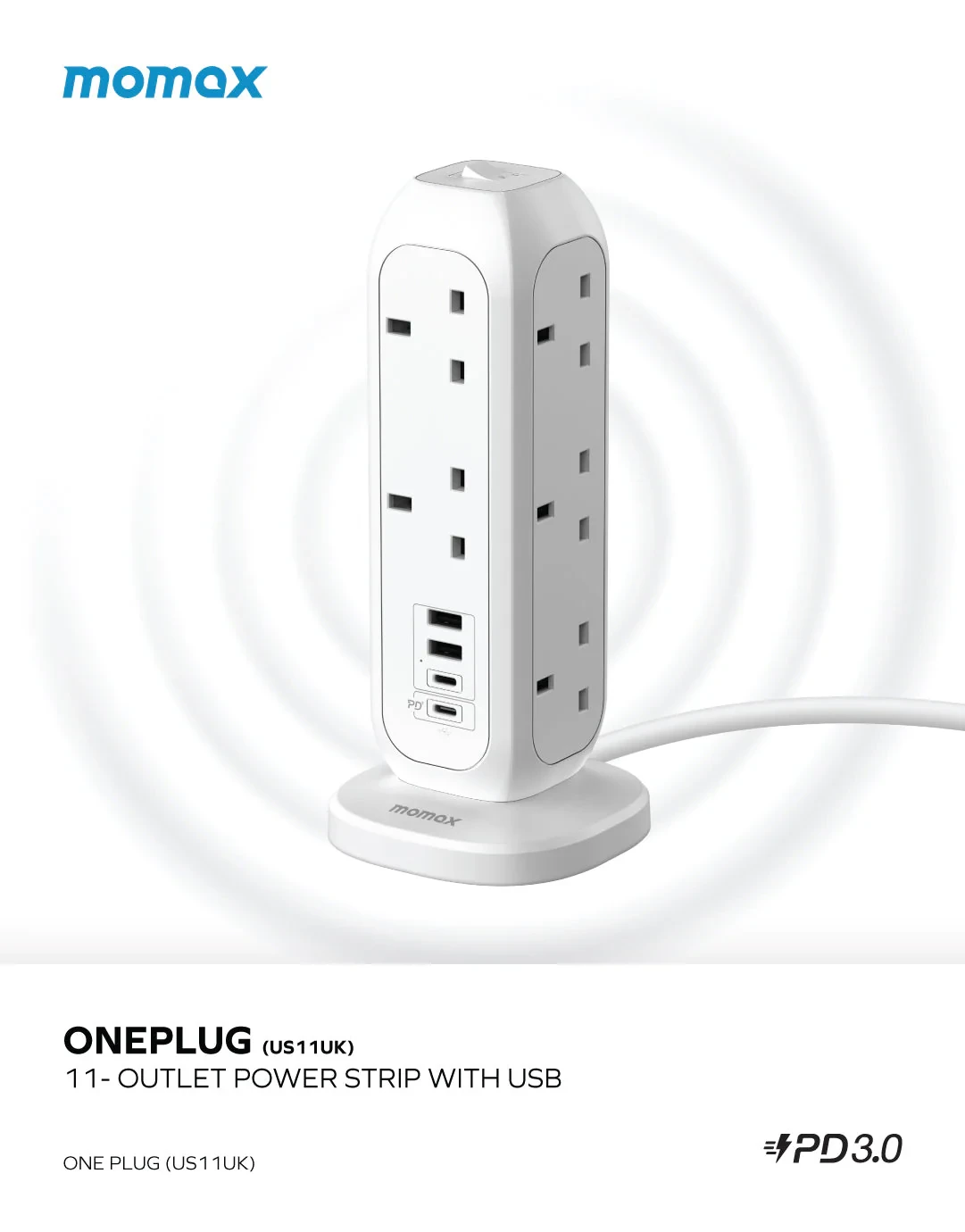 Momax 15 In 1 Smart-Hub Tower Power Strip - US11UKW - White