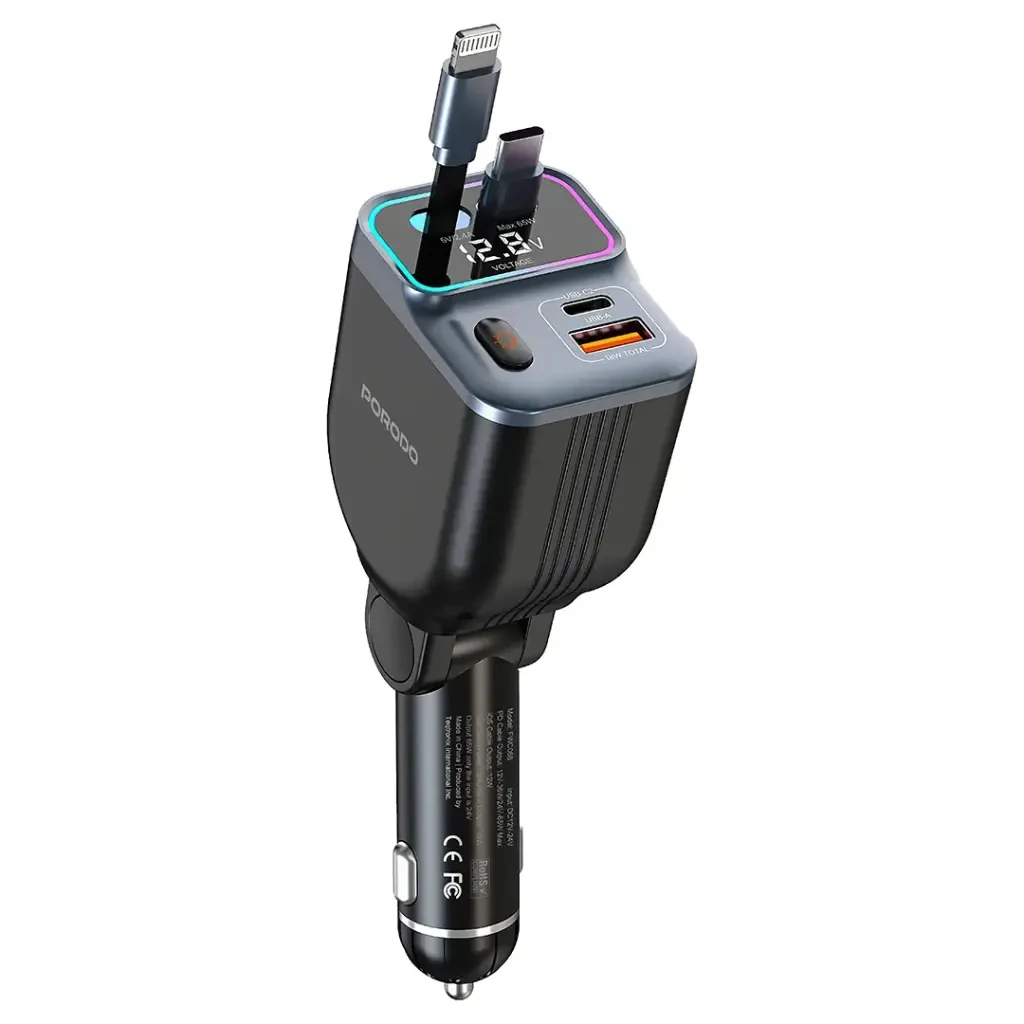 Porodo 65W Car Charger with Built-in USB-C & Lightning Cable (PDFWCH068BK) Black