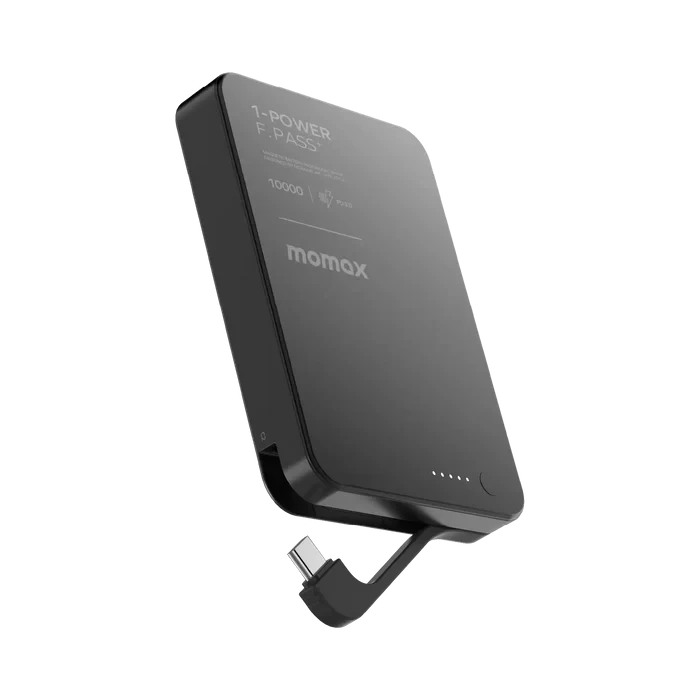 Momax 1-Power F.Pass+ 10000mAh Power Bank With Built-In Cable & Magnetic Attachment - Black