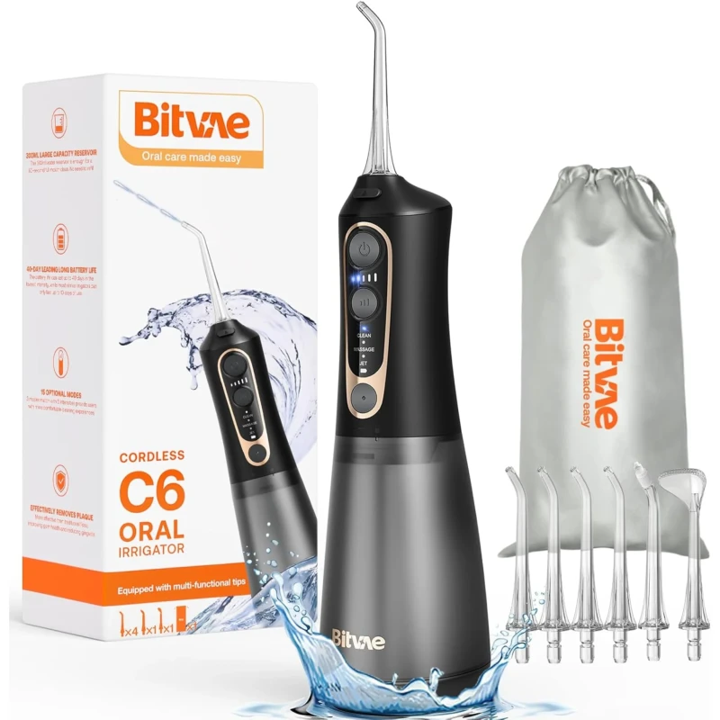 Bitvae C6 Cordless Water Flosser with 6 Nozzles - Black/Gold